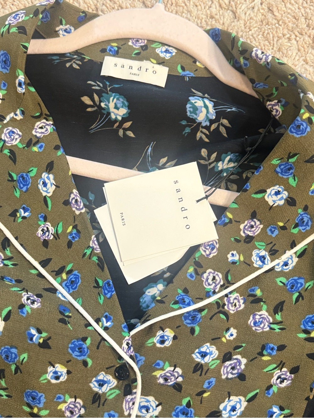 NWT Sandro Paris Crepe & Satin Noisette Shirt In Black Floral Size 3 - Picture 6 of 11